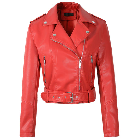 Women’s Red Biker Genuine Sheepskin Lapel Collar Rivet Asymmetric Zip-Up Motorcycle Racer Belted Slim Fit Leather Jacket