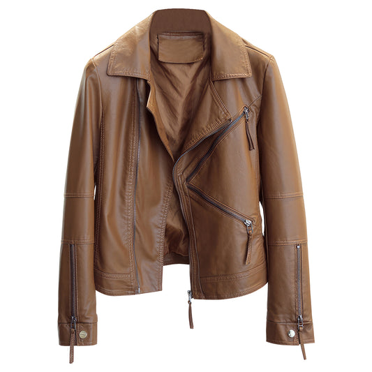 Women’s Brown Genuine Sheepskin Lapel Collar Moto Biker Casual Classic Streetwear Smooth Asymmetric Leather Jacket