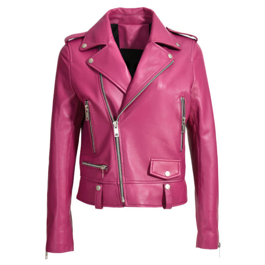 Women’s Biker Pink Genuine Sheepskin High Fashion Street Racer Motorcycle Slim Fit Asymmetric Leather Jacket