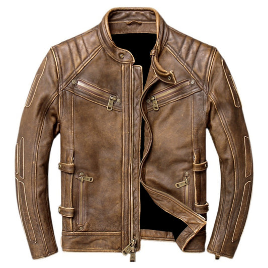 Men’s Vintage Brown Cowhide Genuine Stand Collar Trucker Motorcycle Biker Leather Jacket