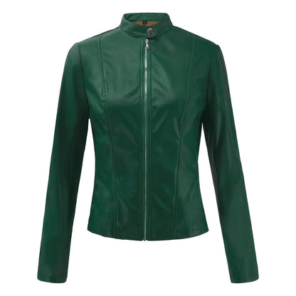 Women’s Biker Green Genuine Sheepskin Stand Collar Retro Casual Classic Smooth Slim Fit Moto Rider Leather Jacket