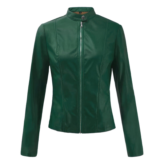 Women’s Biker Green Genuine Sheepskin Stand Collar Retro Casual Classic Smooth Slim Fit Moto Rider Leather Jacket