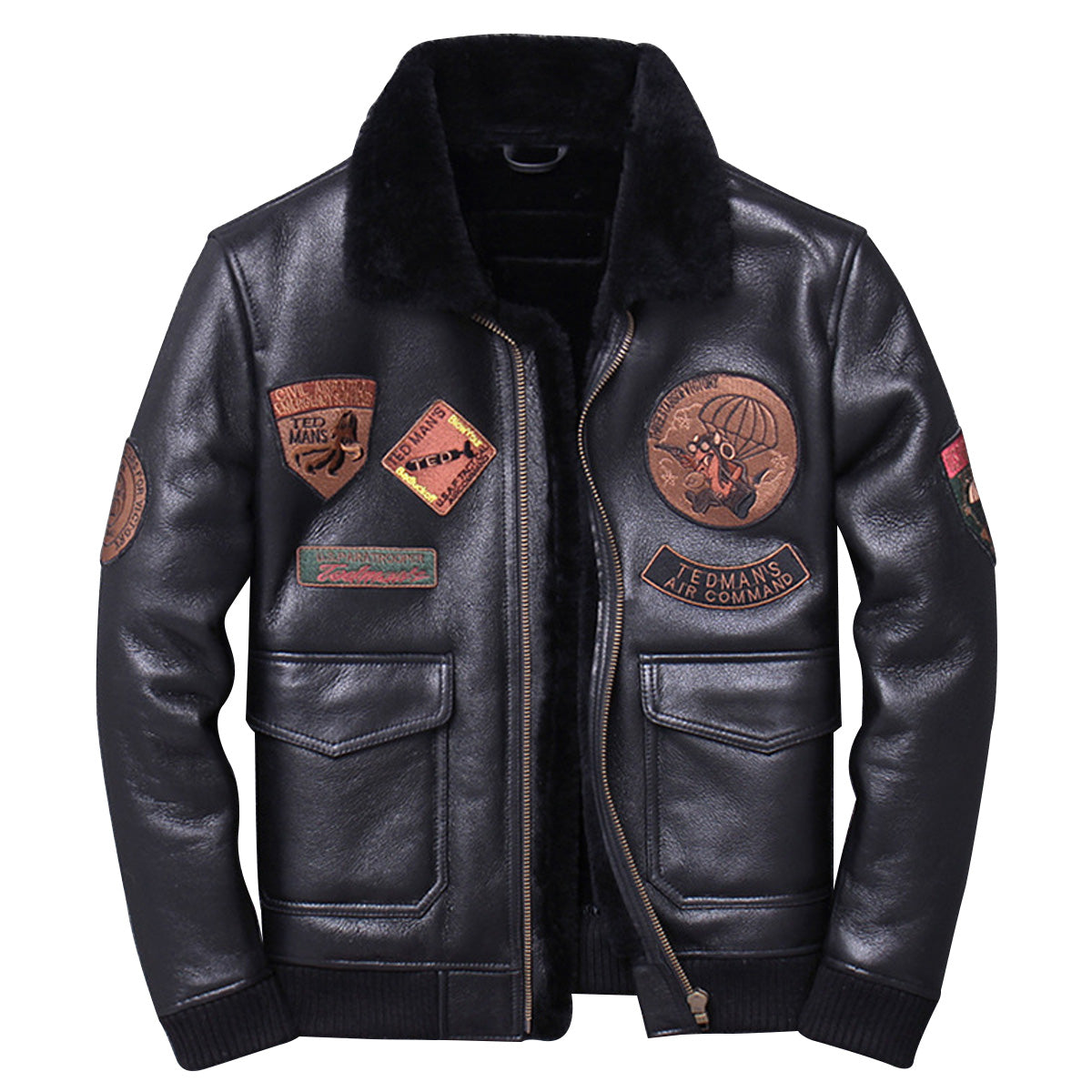 Men’s Black A2 Aviator Genuine Sheepskin Faux Fur Collar Embroidery Patchwork Air Force Military Pilot Leather Jacket