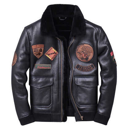 Men’s Black A2 Aviator Genuine Sheepskin Faux Fur Collar Embroidery Patchwork Air Force Military Pilot Leather Jacket