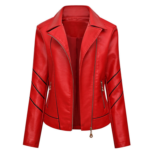 Women’s Red Racer Genuine Sheepskin Black Stripes Asymmetric Motorcycle Café Racer Slim Fit Sporty Leather Jacket