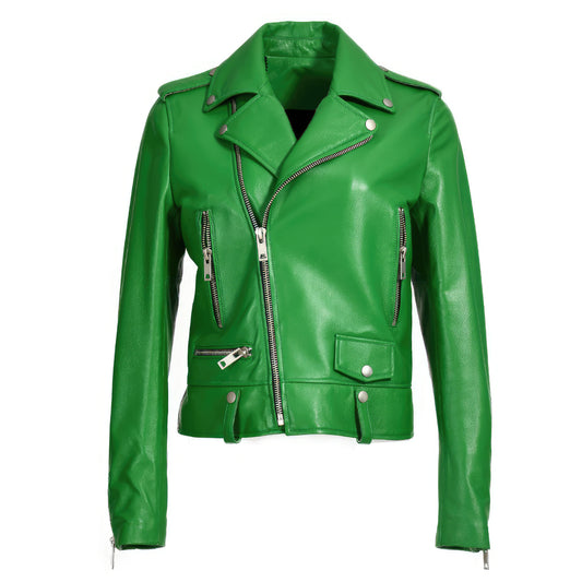 Women’s Biker Green Genuine Sheepskin High Fashion Street Racer Motorcycle Slim Fit Asymmetric Leather Jacket