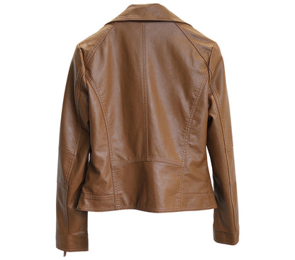 Women’s Brown Genuine Sheepskin Lapel Collar Moto Biker Casual Classic Streetwear Smooth Asymmetric Leather Jacket