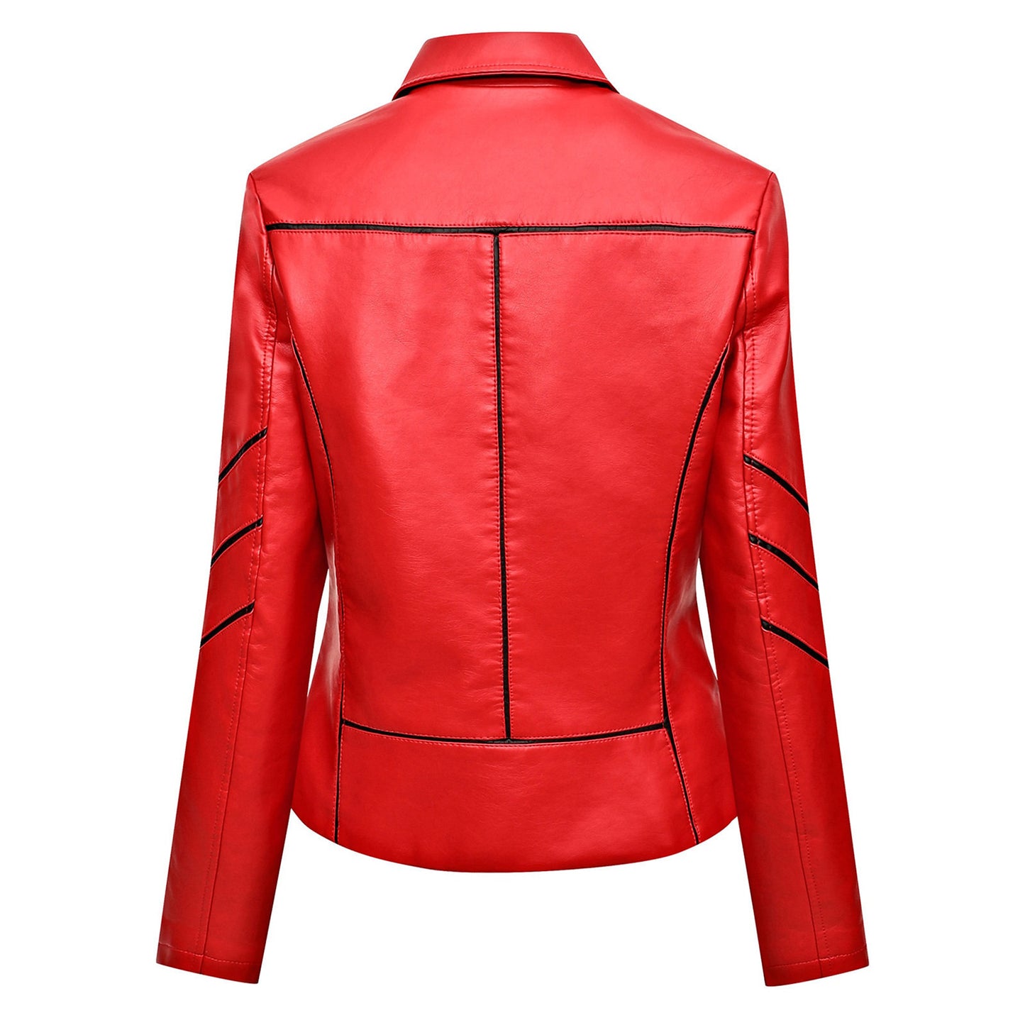 Women’s Red Racer Genuine Sheepskin Black Stripes Asymmetric Motorcycle Café Racer Slim Fit Sporty Leather Jacket