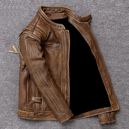 Men’s Vintage Brown Cowhide Genuine Stand Collar Trucker Motorcycle Biker Leather Jacket