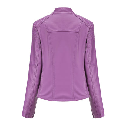 Women’s Violet Biker Genuine Sheepskin Quilted Shoulders Laced Retro Luxury Asymmetric Slim Fit Leather Jacket