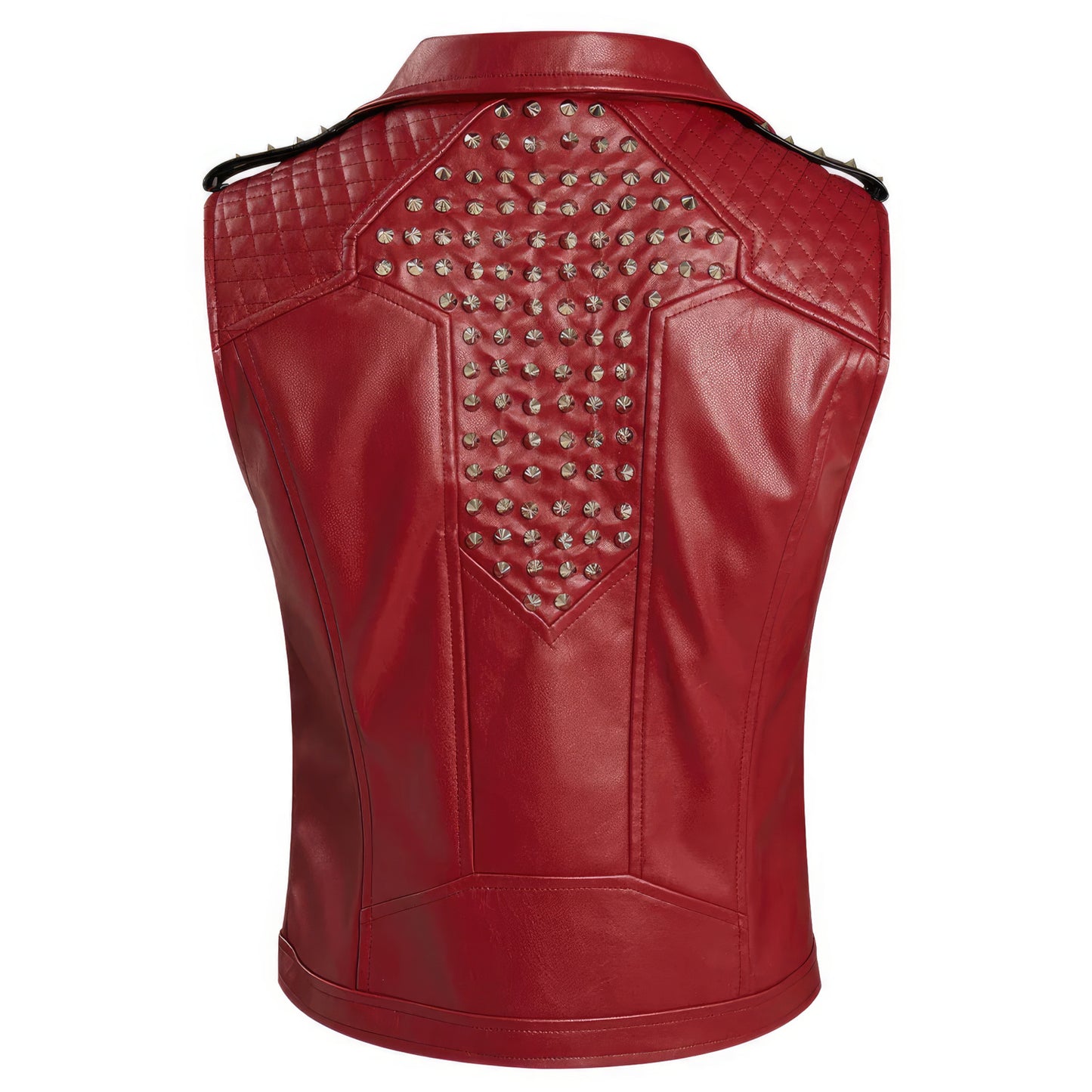 Men’s Wine Red Genuine Sheepskin Metal Studded Sleeveless Punk Vest Superhero Cosplay Costume Leather Waistcoat