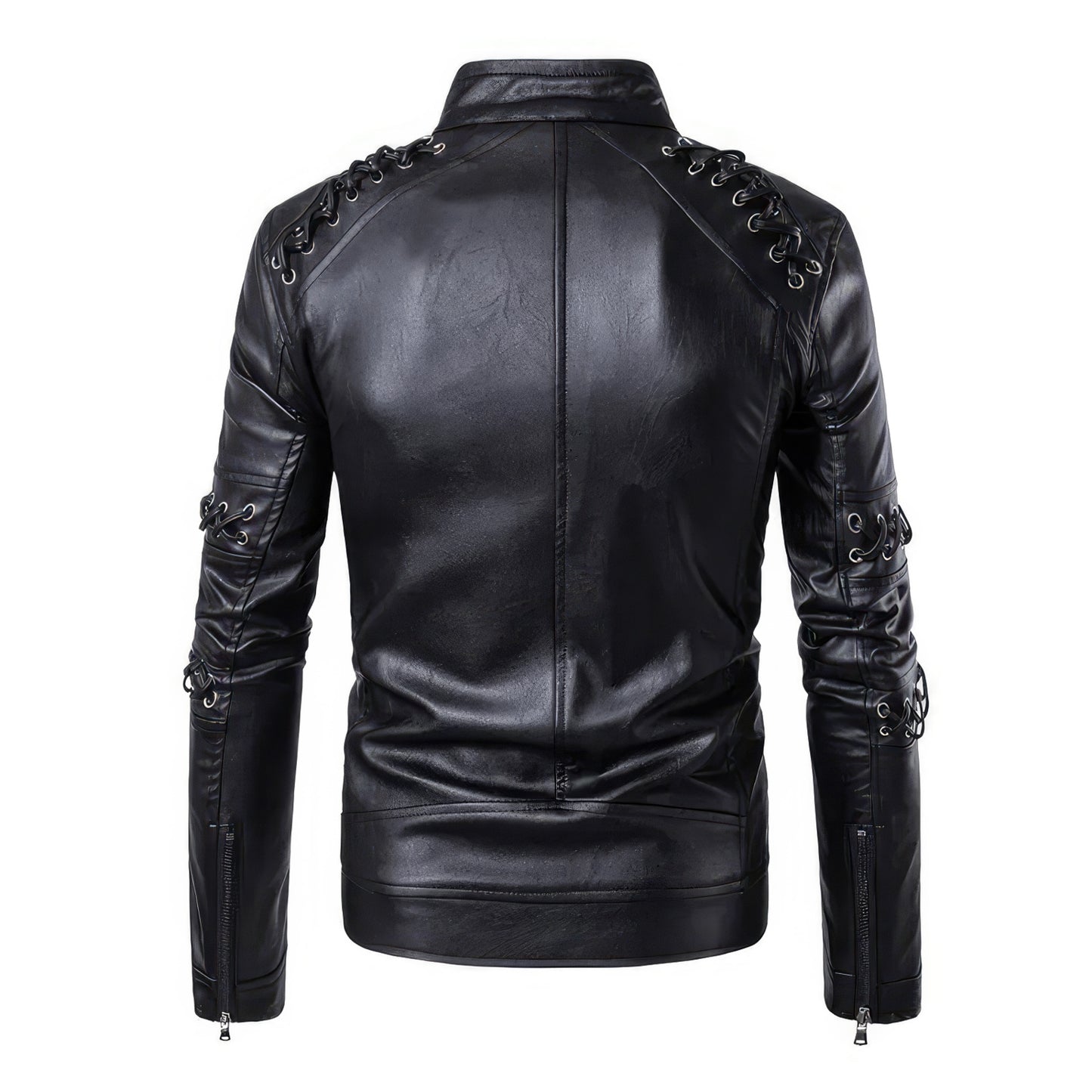 Men’s Black Biker Genuine Sheepskin Laces Café Racer Outfit Asymmetric Crossover Zip-Up Retro Casual Classic Rider Leather Jacket