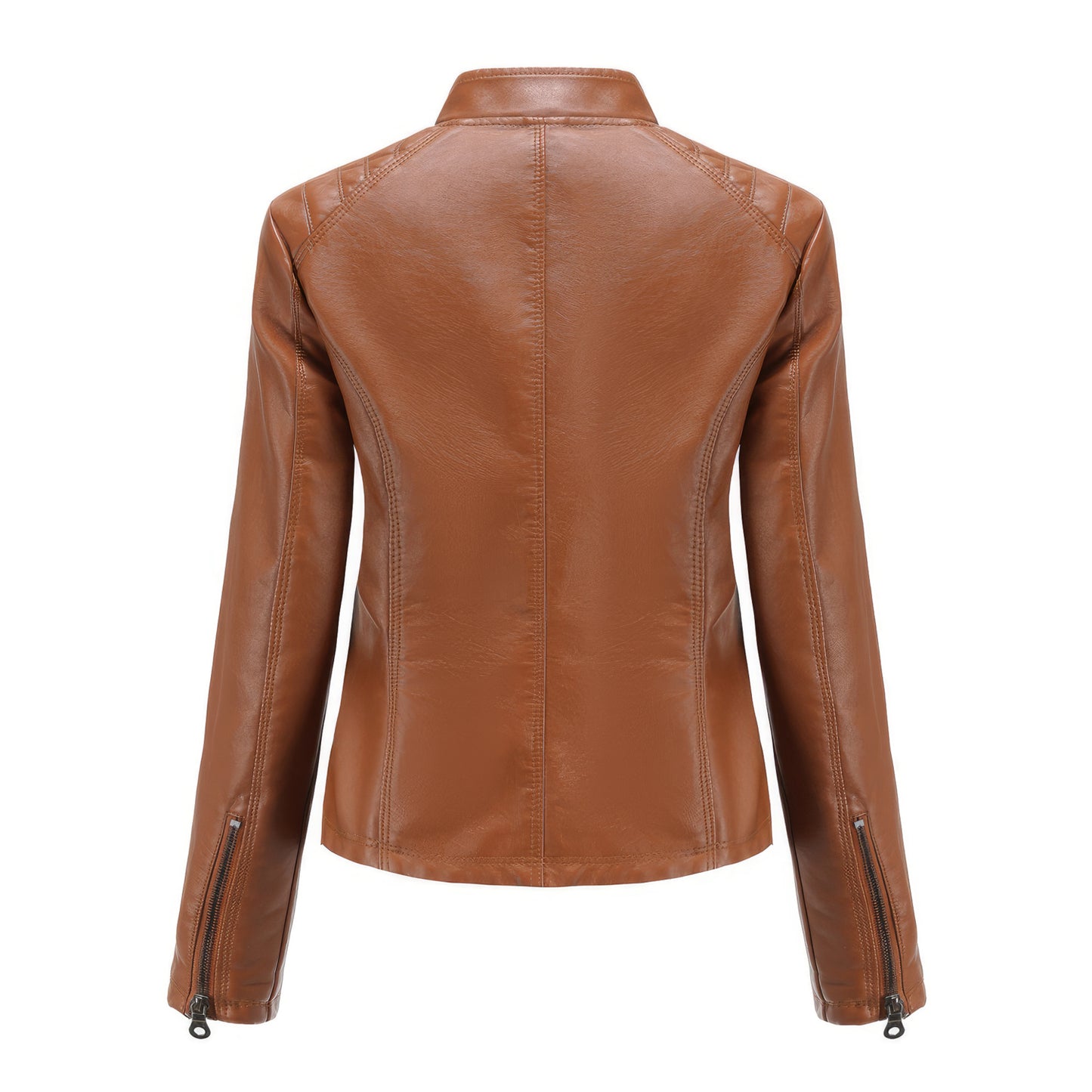 Women’s Tan Brown Biker Genuine Sheepskin Quilted Shoulders Slim Fit Zip-Up Stand Collar Retro Classic Racer Leather Jacket