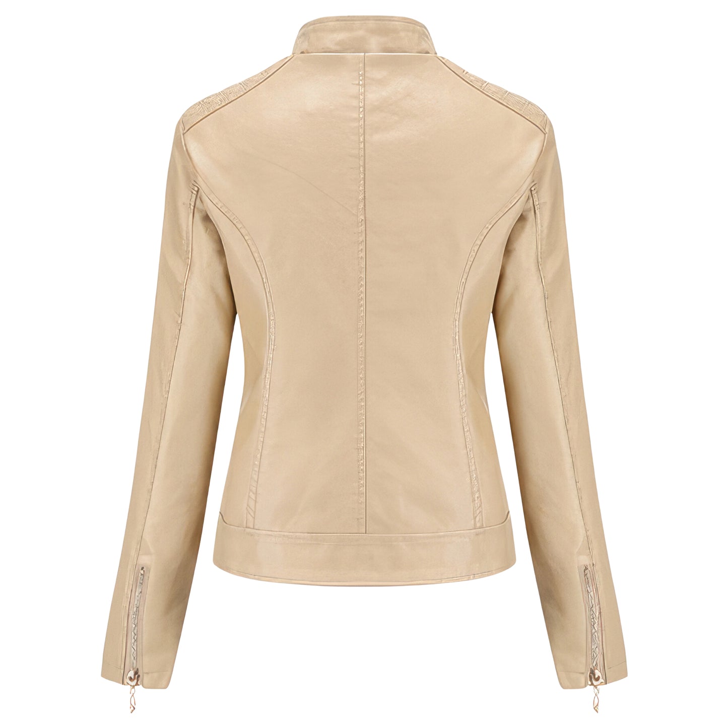 Women’s Beige Biker Genuine Sheepskin Stand Collar Quilted Fashionable Outfit Motorcycle Café Racer Leather Jacket