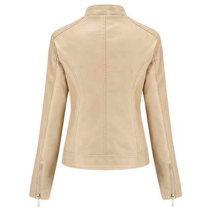 Women’s Beige Biker Genuine Sheepskin Stand Collar Quilted Fashionable Outfit Motorcycle Café Racer Leather Jacket
