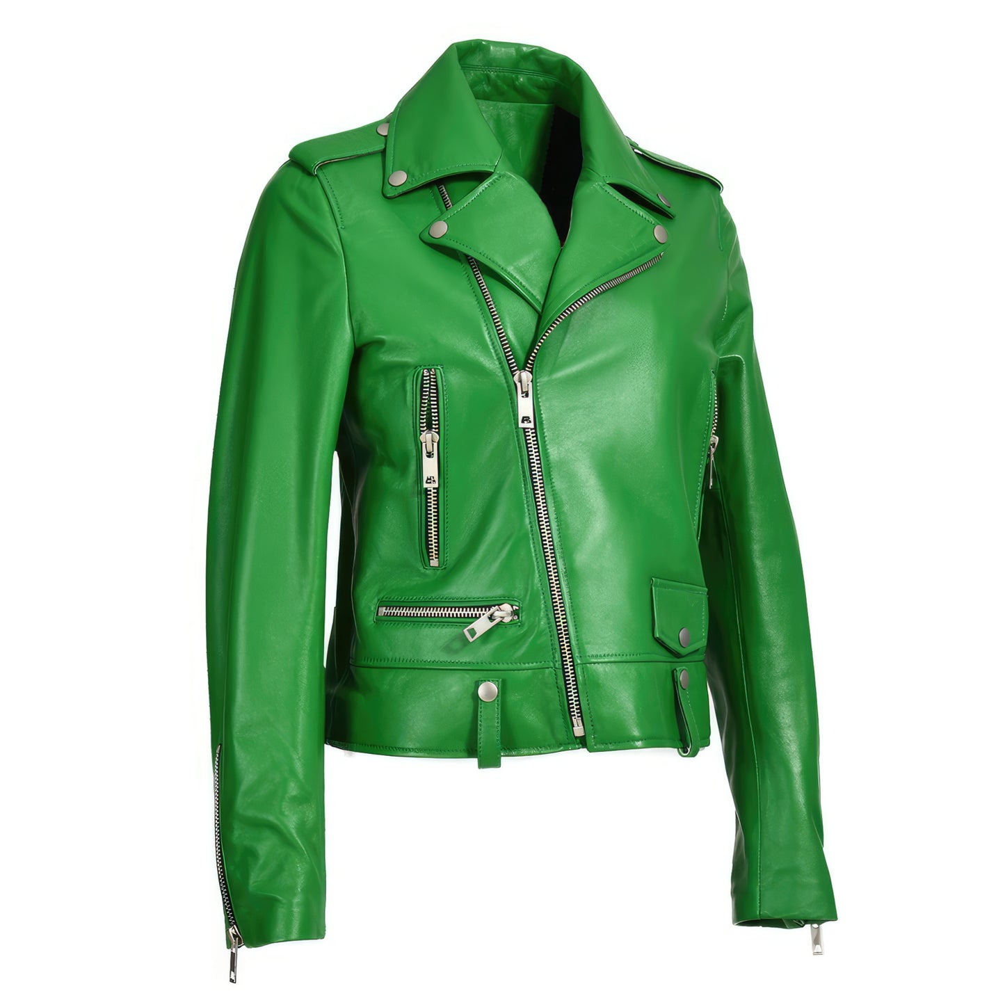 Women’s Biker Green Genuine Sheepskin High Fashion Street Racer Motorcycle Slim Fit Asymmetric Leather Jacket