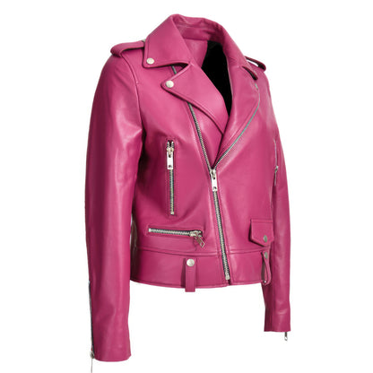 Women’s Biker Pink Genuine Sheepskin High Fashion Street Racer Motorcycle Slim Fit Asymmetric Leather Jacket