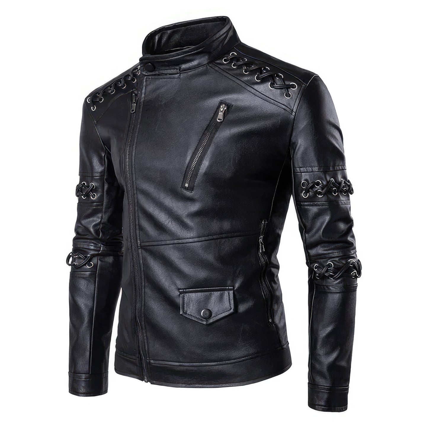 Men’s Black Biker Genuine Sheepskin Laces Café Racer Outfit Asymmetric Crossover Zip-Up Retro Casual Classic Rider Leather Jacket