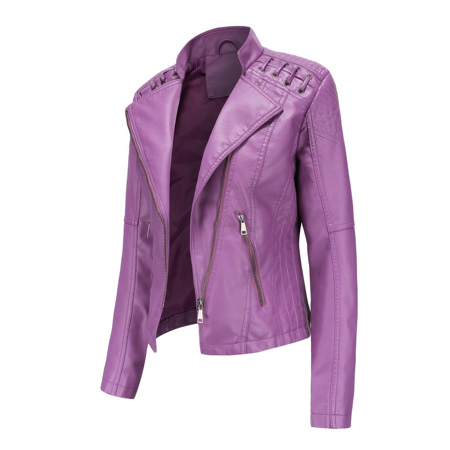 Women’s Violet Biker Genuine Sheepskin Quilted Shoulders Laced Retro Luxury Asymmetric Slim Fit Leather Jacket