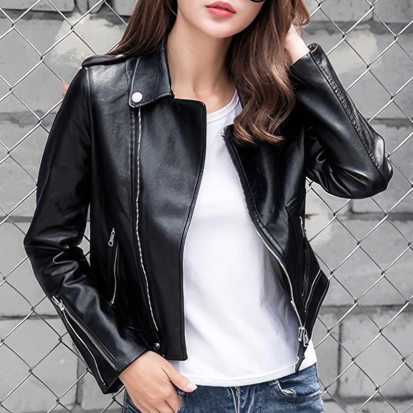Women’s Black Biker Genuine Sheepskin Lapel Collar High Street Punk Motor Café Racer Retro Asymmetric Smooth Leather Jacket
