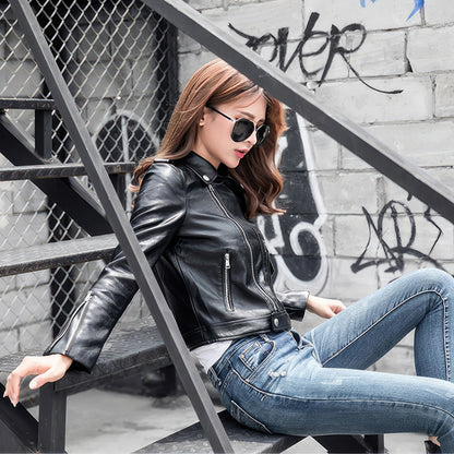 Women’s Black Biker Genuine Sheepskin Lapel Collar High Street Punk Motor Café Racer Retro Asymmetric Smooth Leather Jacket