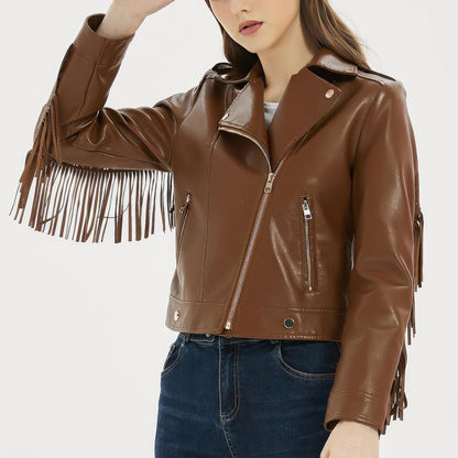 Women’s Brown Genuine Sheepskin Lapel Collar Tassels Cowboy Mid-Western Native American Slim Fit Fringed Leather Jacket