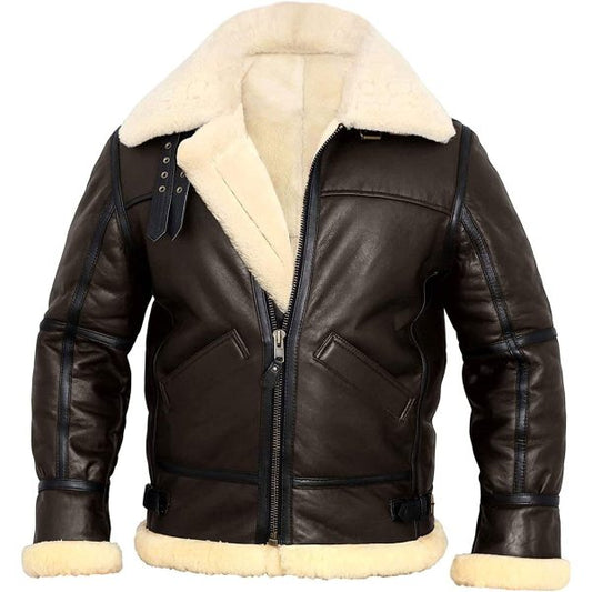 Men B3 Bomber Aviator Real Cream Fur Shearling Genuine Leather Brown Jacket For Winter
