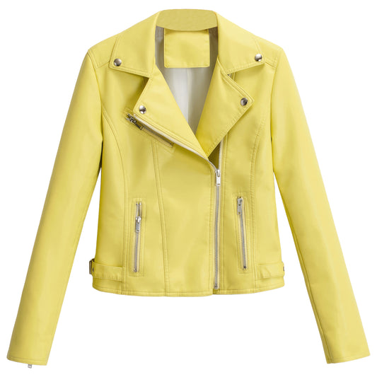 Women’s Yellow Biker Genuine Sheepskin Lapel Collar Café Racer Crossover Asymmetric Motorcycle Punk Leather Jacket