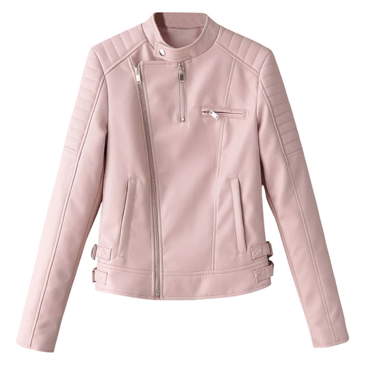 Women’s Baby Pink Biker Genuine Sheepskin Quilted Shoulders Moto Racer Sporty Slim Fit Crossover Asymmetric Leather Jacket