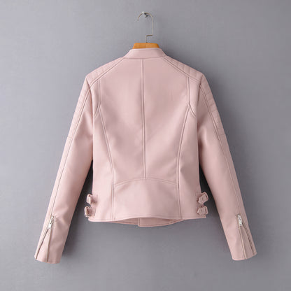 Women’s Baby Pink Biker Genuine Sheepskin Quilted Shoulders Moto Racer Sporty Slim Fit Crossover Asymmetric Leather Jacket