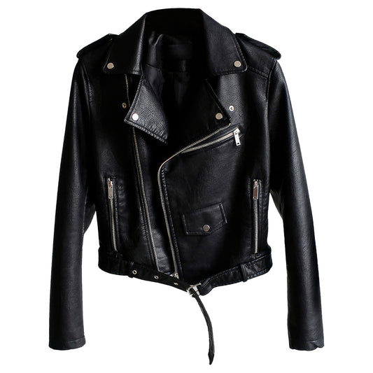 Women’s Black Biker Genuine Sheepskin Lapel Collar Café Racer Asymmetric Belted Crossover Slim Fit Leather Jacket