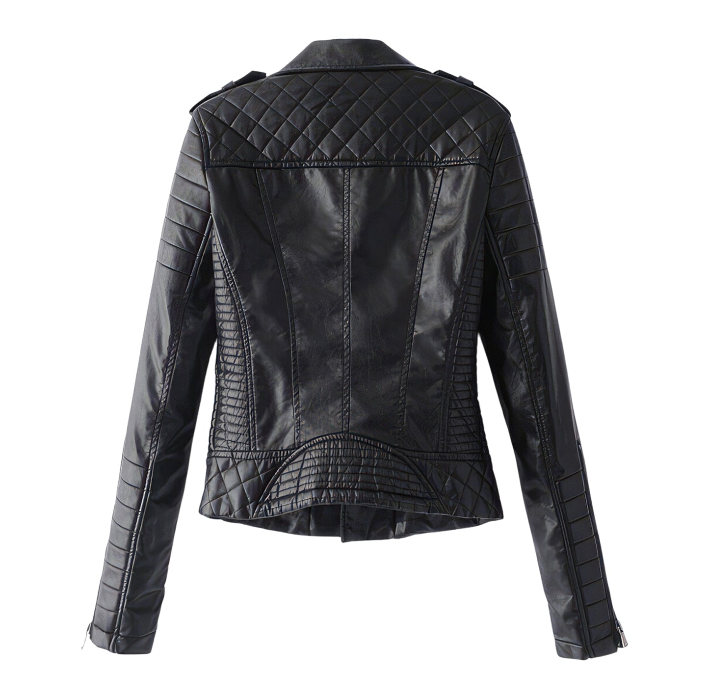 Women’s Black Biker Genuine Sheepskin Lapel Collar Café Racer Outfit Quilted Design Sporty Crossover Asymmetric Rider Leather Jacket