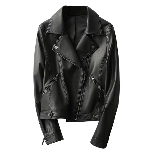 Women’s Black Biker Brando Genuine Sheepskin Casual Classic Versatile Sporty Scooter Slim Fit Asymmetric Leather Jacket