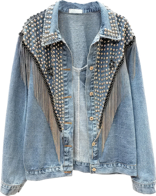 Women’s Blue Denim Rivet Studded Vintage Korean Streetwear Fashion Outfit Tassel Chain Fringe Jeans Jacket