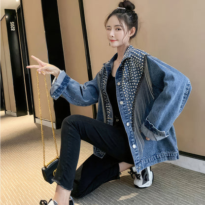 Women’s Blue Denim Rivet Studded Vintage Korean Streetwear Fashion Outfit Tassel Chain Fringe Jeans Jacket