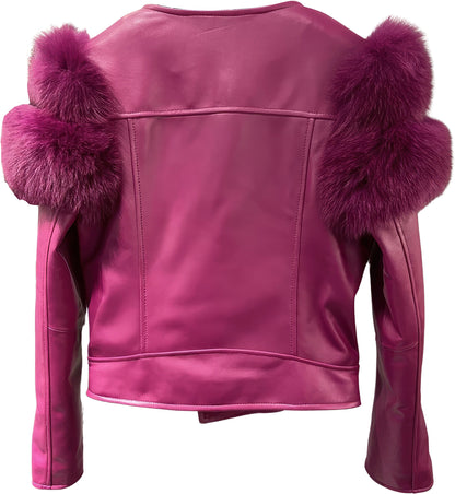 Women’s Burgundy Wine  Genuine Lambskin Sherpa Shearling Faux Fur Fluffy Sleeves Classic Outfit Smooth Lightweight Leather Jacket