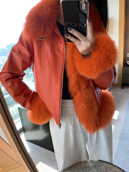 Women’s Orange Genuine Sheepskin Sherpa Shearling Faux Fur Collar Elegant Korean Fashion Slim Fit Winter Warm Leather Jacket