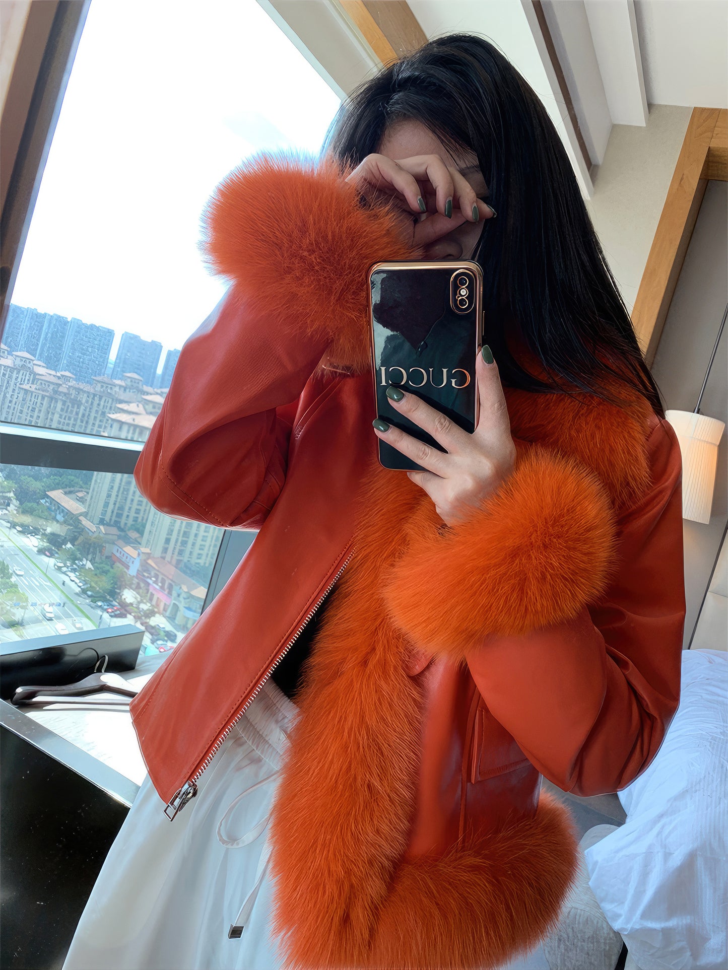 Women’s Orange Genuine Sheepskin Sherpa Shearling Faux Fur Collar Elegant Korean Fashion Slim Fit Winter Warm Leather Jacket