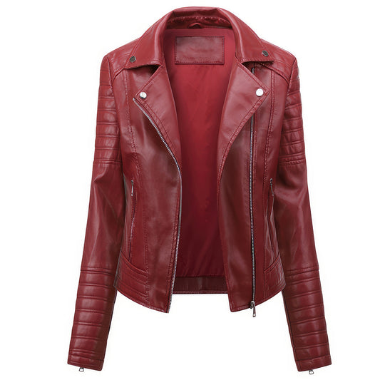 Women’s Red Biker Genuine Sheepskin Quilted Sleeves Moto Racer Outfit Rider Smooth Retro Slim Fit Leather Jacket