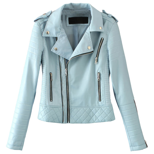 Women’s Sky Blue Biker Genuine Sheepskin Lapel Collar Café Racer Outfit Quilted Design Sporty Crossover Asymmetric Rider Leather Jacket