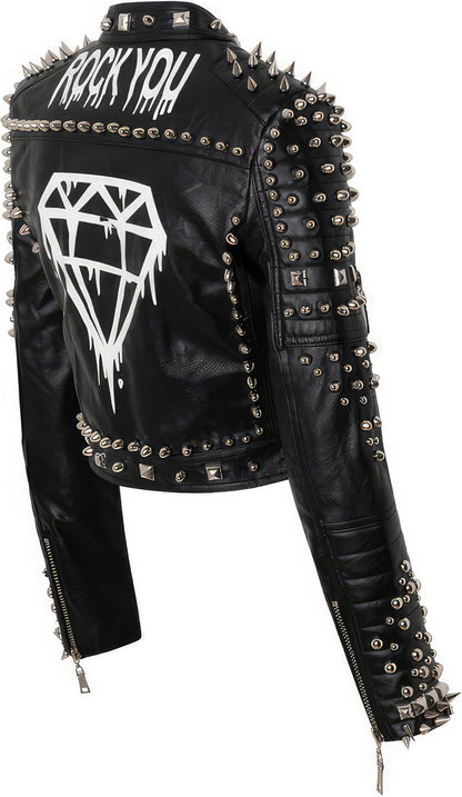 Women’s Black Biker Genuine Sheepskin Stand Collar Rivet Steam Punk Café Racer Rock Retro Spikes Leather Jacket