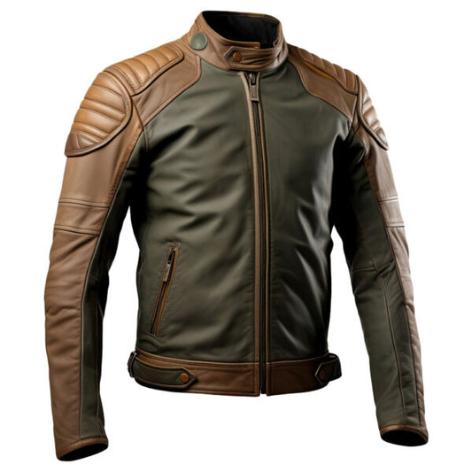 Men’s Olive Green Brown Genuine Sheepskin Warm Stand Collar Fashionable Zip-up Sportwear Racing Lightweight Leather Jacket