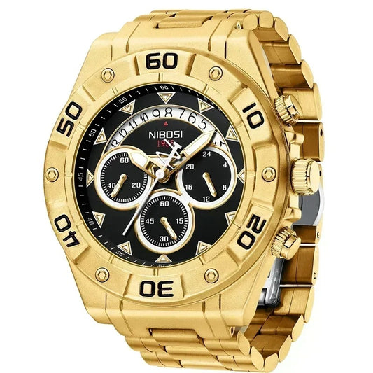 NIBOSI Fashion Large Mens Watches Top Brand Luxury Stainless Steel Gold Quartz Watch For Men Waterproof Sport Relogio Masculino
