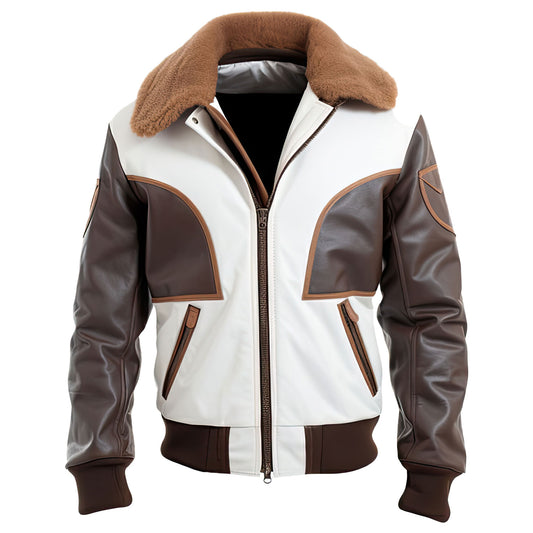 Men’s White Brown Genuine Sheepskin Sherpa Shearling Faux Fur Collar Classy Winter Warm A2 Aviator Uniform Bomber Leather Jacket