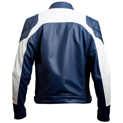 Men’s Navy Blue White Genuine Sheepskin Stand Collar Smooth Racing Warm Outfit Fashionable Zip-up Motorbike Leather Jacket