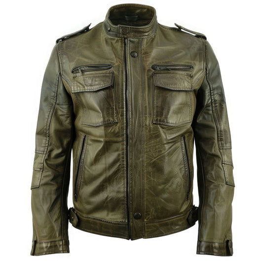 Men’s Distressed Olive Green Genuine Sheepskin Stand Collar Classy Military Style Vintage Retro Lightweight Leather Jacket