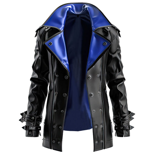 Men’s Royal Blue Black Genuine Sheepskin Stylish Single Breasted Lapel Collar Warm Winter Lightweight Military Leather Jacket