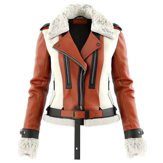 Women’s Brown White Genuine Sheepskin Sherpa Shearling Faux Fur Lined Biker Outfit Warm Belted Soft Café Racer Leather Jacket
