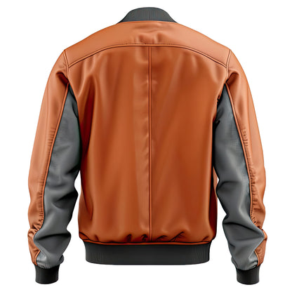 Men’s Orange Charcoal Grey Genuine Sheepskin Baseball Collar Soft Sportswear Outfit Rib Knit Lightweight Bomber Leather Jacket