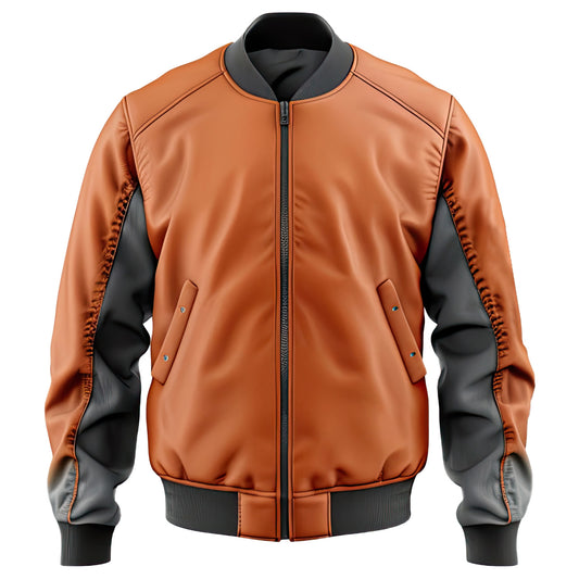 Men’s Orange Charcoal Grey Genuine Sheepskin Baseball Collar Soft Sportswear Outfit Rib Knit Lightweight Bomber Leather Jacket